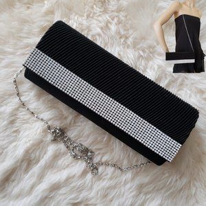 J Francis Black Satin Ashley Clutch Austrian Crystals & Removable Silver Chain